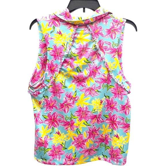 Gottex  Floral Sleeveless Ruffle Golf  Tennis Top Aqua Pink Yellow Women's Large - Picture 3 of 4